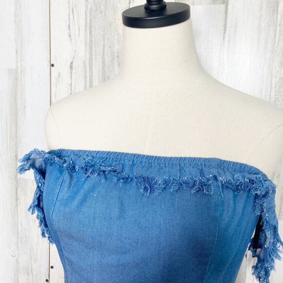 NWT Lovers + Friends Tessa Mini Dress Blue Chambray Boho Western Coastal Size M - Picture 3 of 11